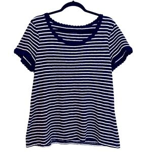 Talbots 100% cotton striped coastal nautical spring summer top with lace trim